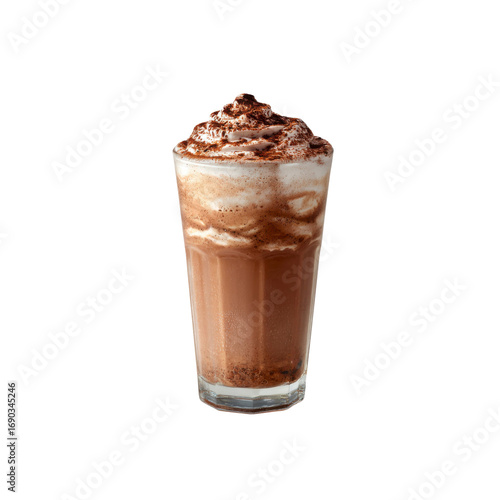Iced Chocolate Drink with Whipped Cream and Cocoa Topping in Glass