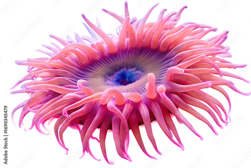 Obraz premium Close-up of a Pink Sea Anemone with Detailed Tentacles and Blue Core marine life isolated on a transparent background