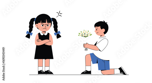 Boy offers flowers to angry girl who stands with arms crossed, a cute conflict scene