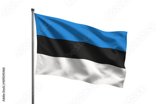 A waving estonian flag on a metal pole against a black background in a close up shot image view