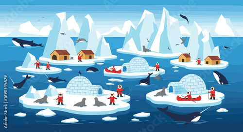 Vibrant Arctic scene with Inuit people, igloos, narwhals, and whales amidst icebergs.