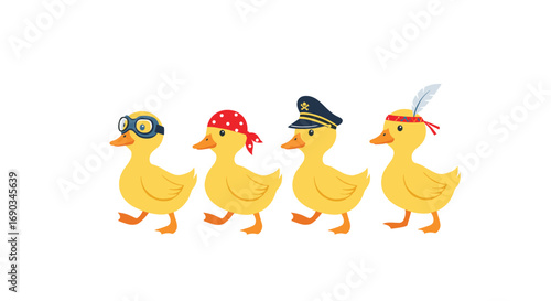 Four adorable ducklings march in a line, each wearing a fun costume like goggles or a pirate hat