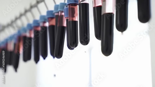 Blood Samples in Transparent Vials with Blue Caps on a Metal Rack Flowing Under Bright Lab Light