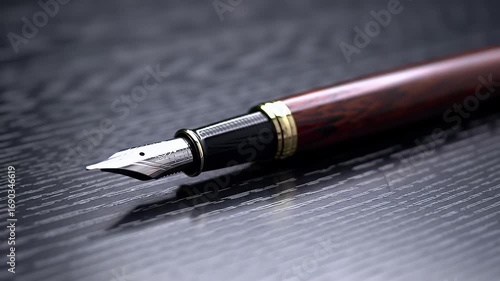Close Up of Brown Fountain Pen on Sleek Black Surface with Subtle Reflections