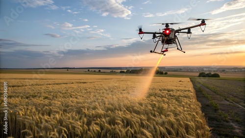 A drone spraying a field of crops at sunset, showcasing modern agricultural technology and precision farming techniques