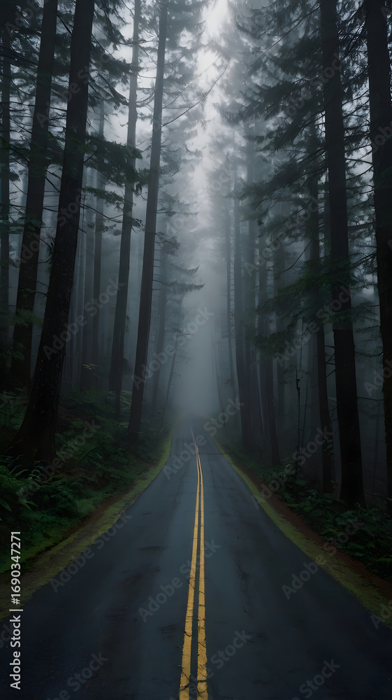 Fototapeta premium Moody forest road with misty atmosphere, journey through nature's quiet beauty and peaceful escape
