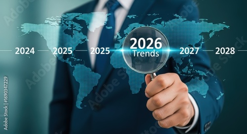 Illustration of businessman examining future trends with magnifying glass over 2026 map