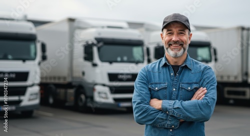 Smiling Truck Driver Standing with Arms Crossed in Front of Trucks – Logistics, Transport and Professional Occupation 