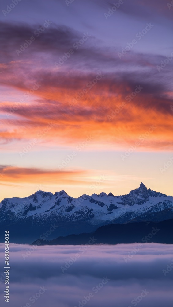 Fototapeta premium Snow-capped mountains at sunset above a sea of clouds
