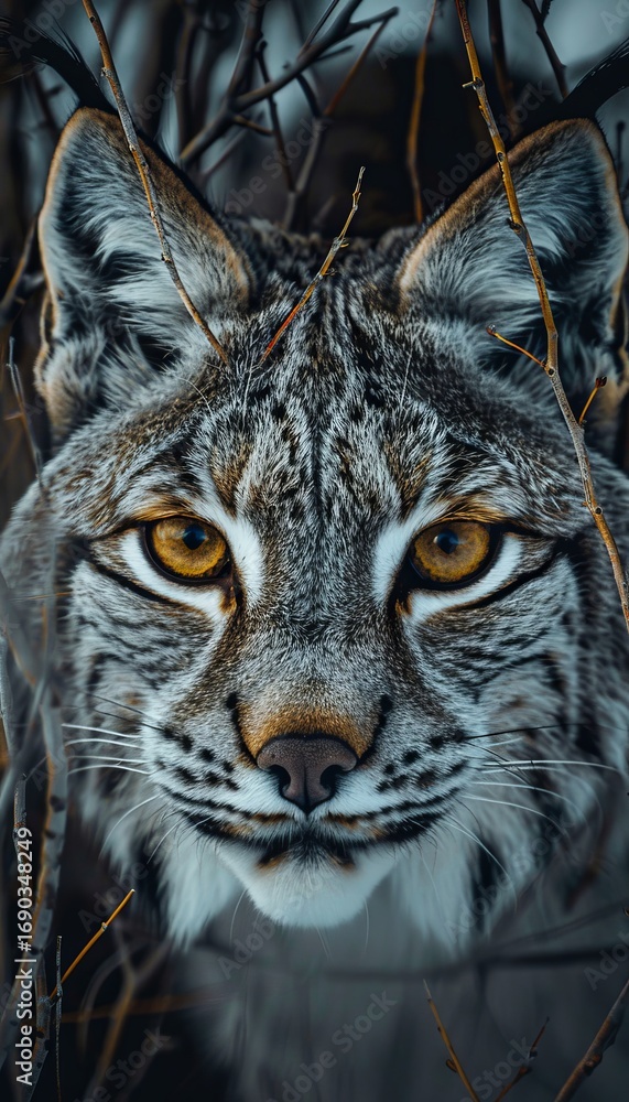 Fototapeta premium Lynx stealthily emerging from snow covered underbrush in a winter wonderland scene