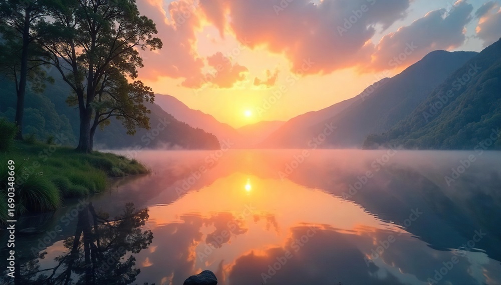 Obraz premium Serene sunrise over a tranquil lake, mist clinging to the water's edge, reflecting the spiritual energy of nature Perfect for meditation, mindfulness, and wellness themes , serene, harmony