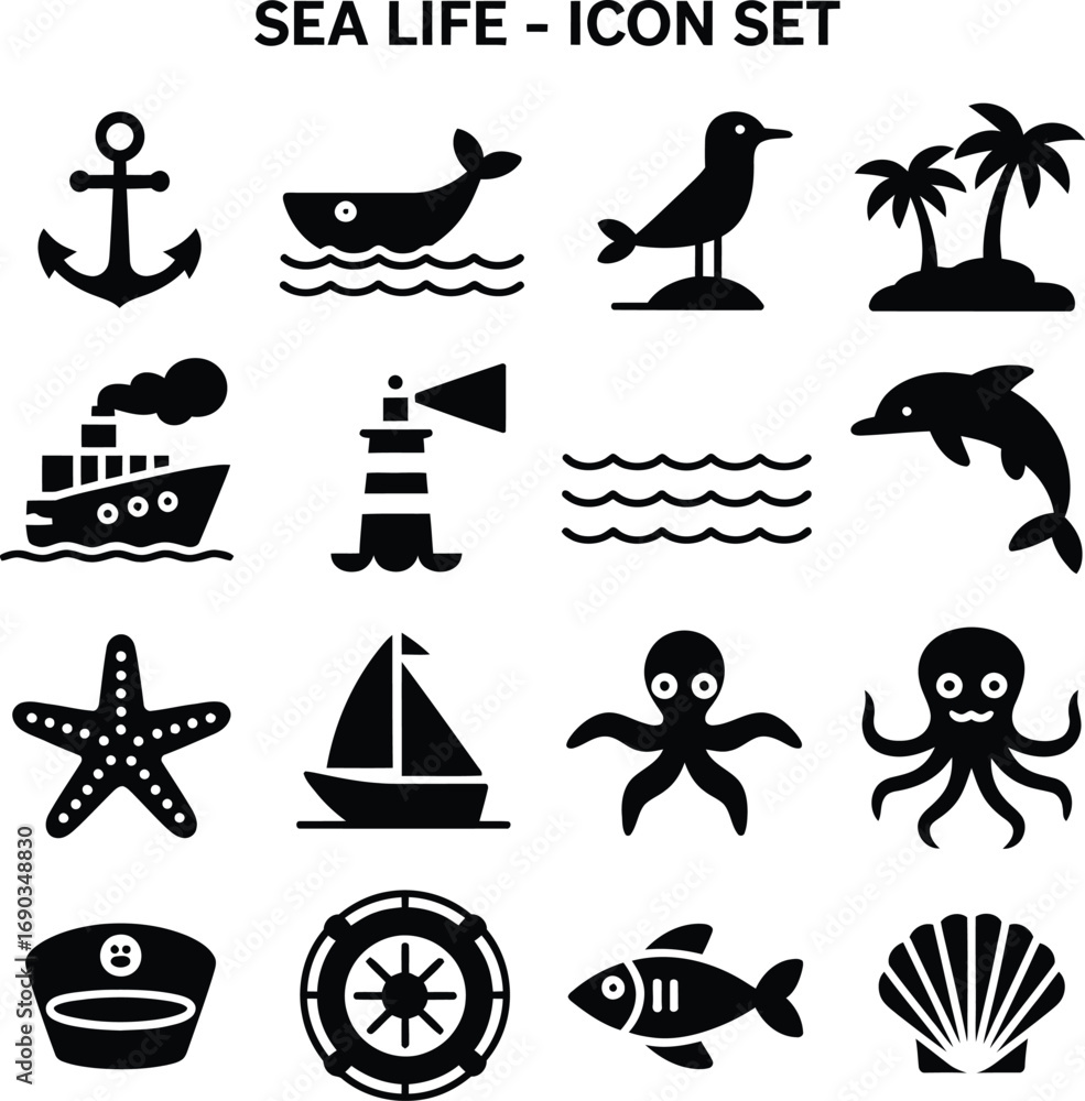 Fototapeta premium (174)Sea Life Icon Set – Black and White Vector Illustrations of Marine Animals, Nautical Symbols, and Coastal Elements