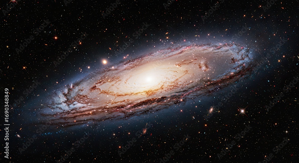 Fototapeta premium A magnificent portrait of a colossal spiral galaxy in the vastness of deep space, showcasing the grand scale of its brilliant stellar nucleus and swirling cosmic arms
