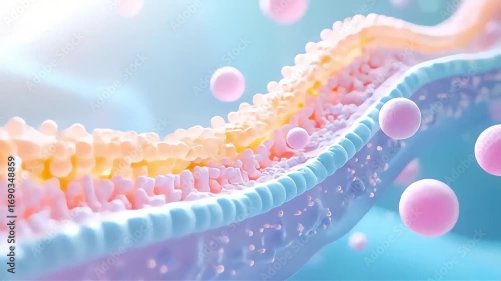 Abstract microscopic image of a biological structure with vibrant colors and spherical particles