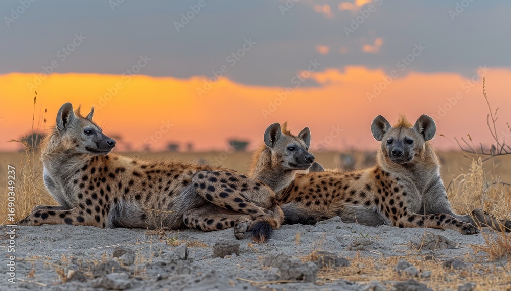 Obraz premium A hyena pack roams under the enchanting twilight sky, embracing the dusk s mystique