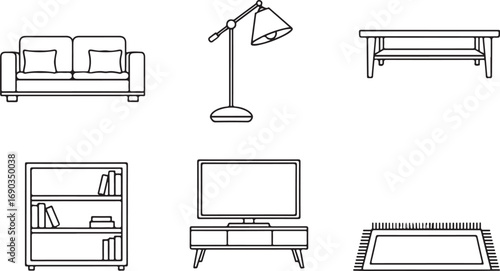 Living Room Furniture and Electronics Line Art Icons sofa couch