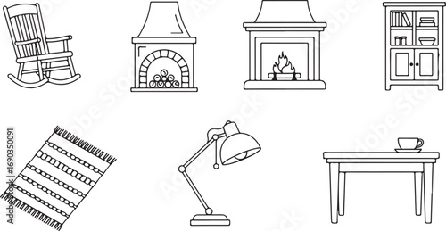 Line art icons of furniture and home accessories for interior design rocking chair