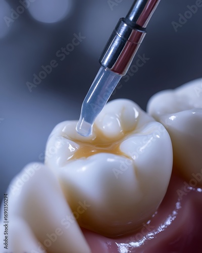 **Ultra Premium Macro Close-Up Shot Of Dentist Applying Transparent Dental Sealant Liquid On Molar Grooves Using Applicator Brush, Cinematic Clinical Lighting Highlighting Tooth Surface, Sterile Backg