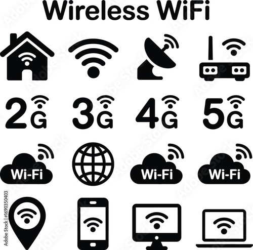 (186)Wireless WiFi Icon Set – Black and White Vector Illustrations of Routers, Mobile Networks, Cloud Signals, and Connectivity