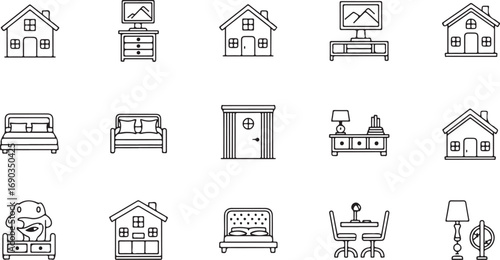 House and furniture icons with beds, tables, and doors home