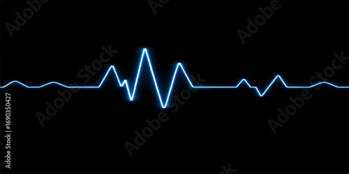 Medical illustration of a digital blue heart rate cardiogram on a black monitor, showcasing a pulsing EKG wave