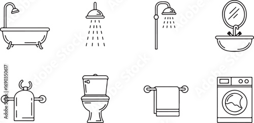 Bathroom Icons Set Featuring Bathtub Shower Sink Toilet Towel Washer vector illustration