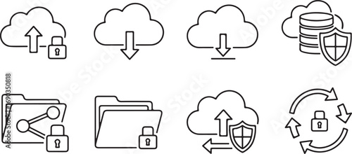 Cloud Storage and Data Security Icons with Upload Download and Lock Symbols vector