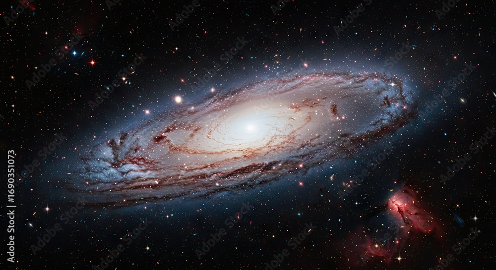 Fototapeta premium Andromeda Galaxy Majestic Spiral Structure in Deep Space with Cosmic Dust and Star Formations Visible