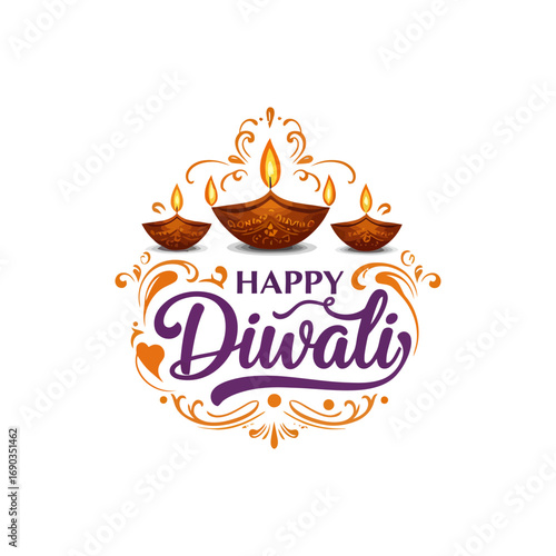 Elegant designs with traditional Diwali oil lamps, known as diyas, create a festive and festive atmosphere for the Hindu festival of lights, Happy Diwali.
