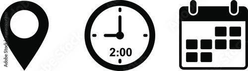 “Event Essentials” icon set—location, time, and date symbols for scheduling UX, mapping dashboards, and modular interface design