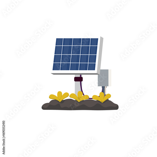 solar panel powered drip irrigation system in a dry area, with lush vegetation in the foreground. promoting renewable energy and sustainability with a clean and efficient energy solution.