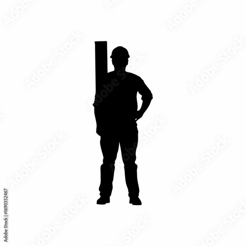 Structural engineer supervising construction workers silhouette isolated on white background