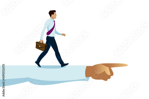 Business man going ahead to his goal with shown direction, vector illustration of a young man business dressed walking straight towards to his aim with hint, career concept.