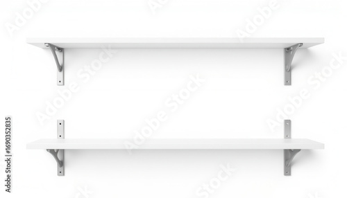 Modern white shelves on metal brackets against a plain background  