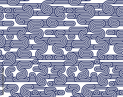 Funky lines seamless pattern, vector abstract geometric background with parallel and curvy lines, Asian style tiling wallpaper.