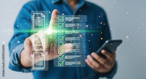 Illustration of man interacting with digital document interface on smartphone and hologram