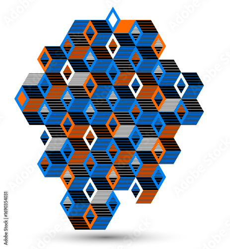 Abstract vector wallpaper with 3D isometric cubes blocks, geometric construction with blocks shapes and forms, cubic polygonal low poly theme.