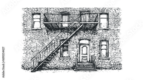 Pencil sketch of an old brick building with a fire escape and door. Vector hand drawn illustration