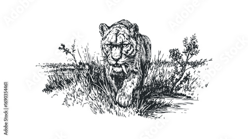 Saber toothed cat emerging from tall grass. Vector hand drawn illustration