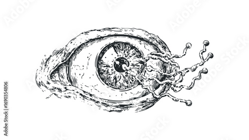 Detailed ink drawing of an anatomical eyeball with tendrils extending outwards. Vector hand drawn illustration