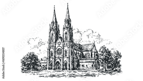 Gothic church building exterior sketch with trees on transparent. Vector hand drawn illustration