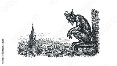 Gargoyle perched on building overlooking city skyline. Vector hand drawn illustration
