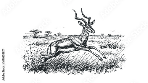 Impala leaping through tall grass on transparent background. Vector hand drawn illustration