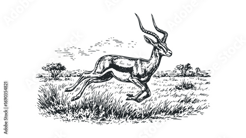 Gazelle in high grass isolated on transparent background. Vector hand drawn illustration