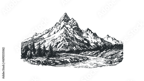 Sketch of rugged mountain peaks with pine trees and a river. Vector hand drawn illustration