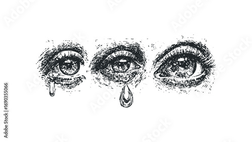 Three crying eyes illustration transparent background. Vector hand drawn illustration