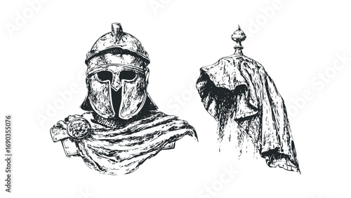 Ancient Greek Spartan helmet and armor detail. Vector hand drawn illustration