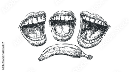 Pen and ink drawing of three open mouths and a banana on a transparent background. Vector hand drawn illustration