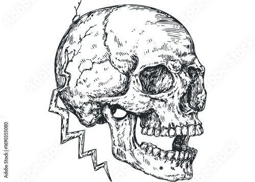 Hand drawn skull with lightning bolt on transparent background. Vector hand drawn illustration