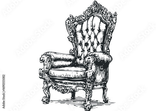 Ornate throne armchair with lion head armrests on transparent background. Vector hand drawn illustration